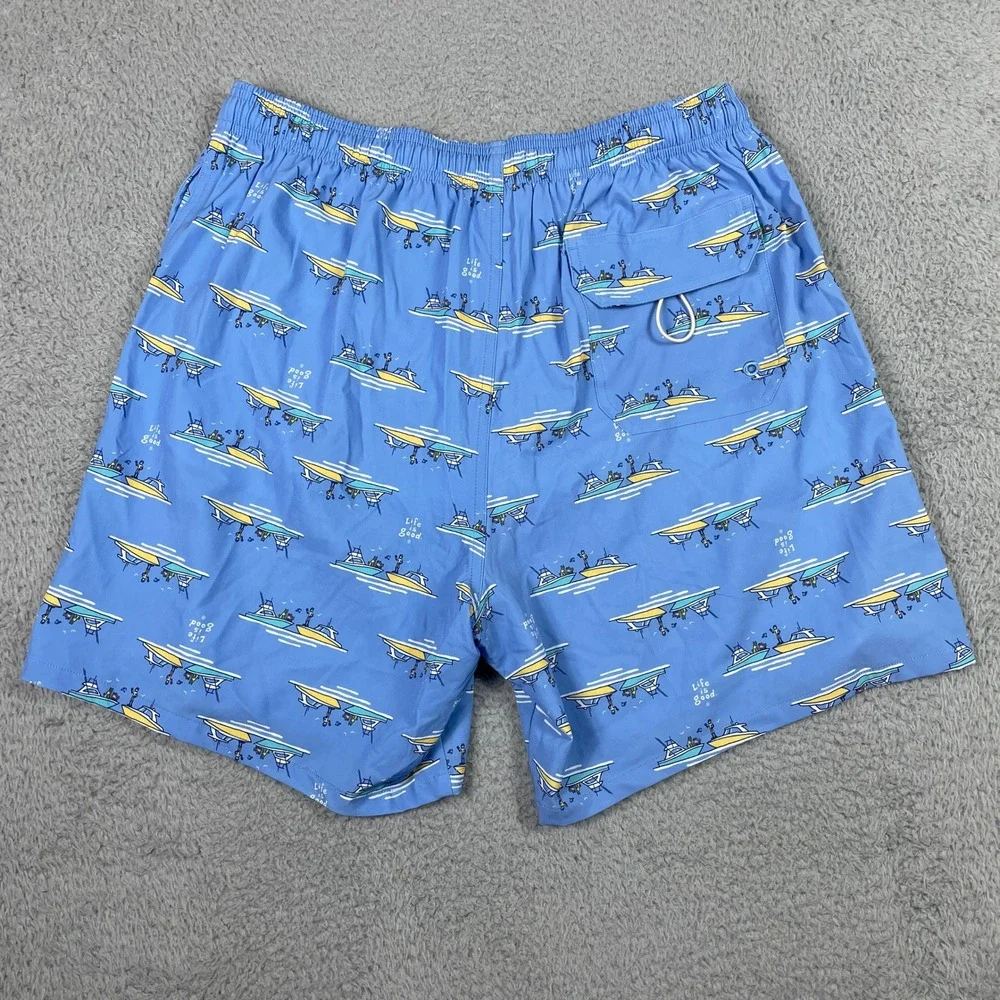 Life Is Good Swim Trunks Mens Large Blue Fishing Boat Board Shorts